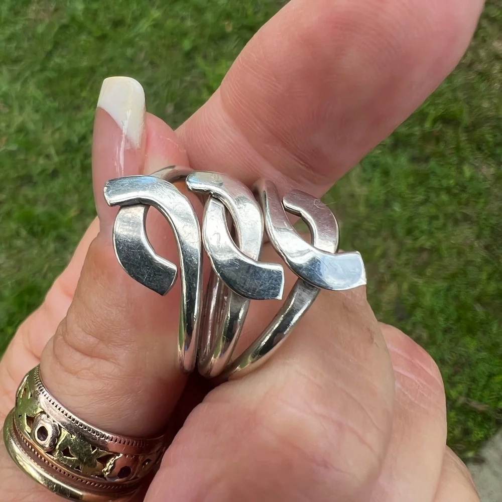 Sterling Silver MEXICO Freeform Weave Tapered Three Layered Band Ring - Picture 11 of 17